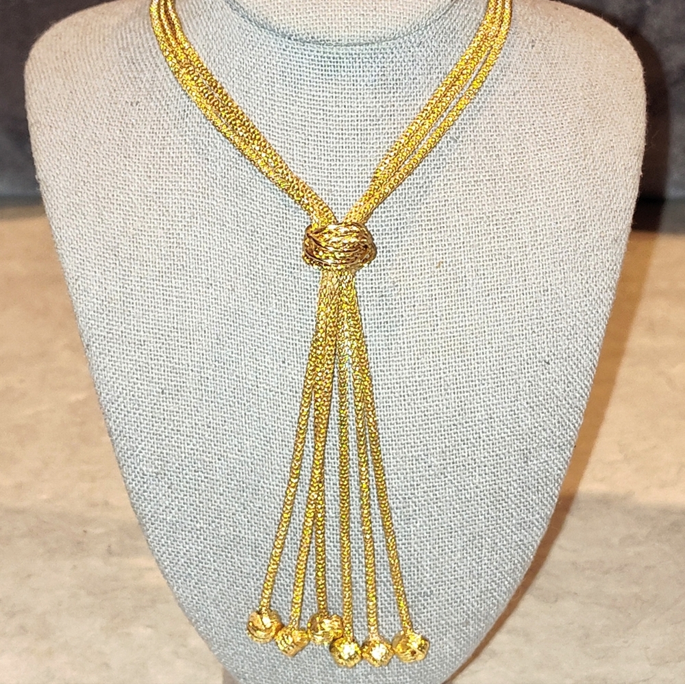 VINTAGE DANA BUCHMAN GOLD PLATED 3 STRAND MESH LARIAT 6 TASSEL NECKLACE 26"-32"